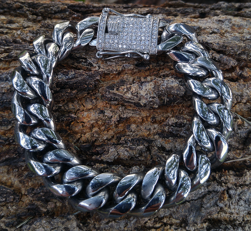 14mm 316l white gold cuban bracelet with simulated diamond clasp