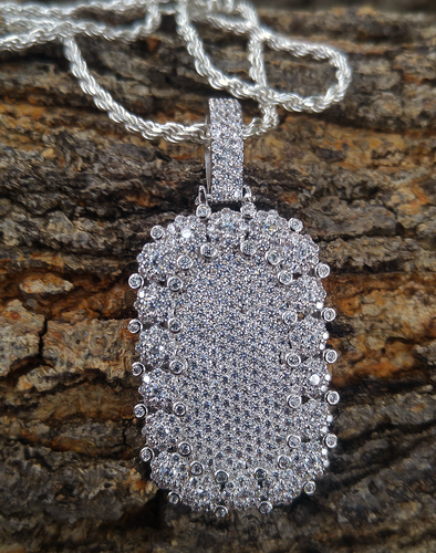 white gold large cluster  dog tag and 24in rope chain