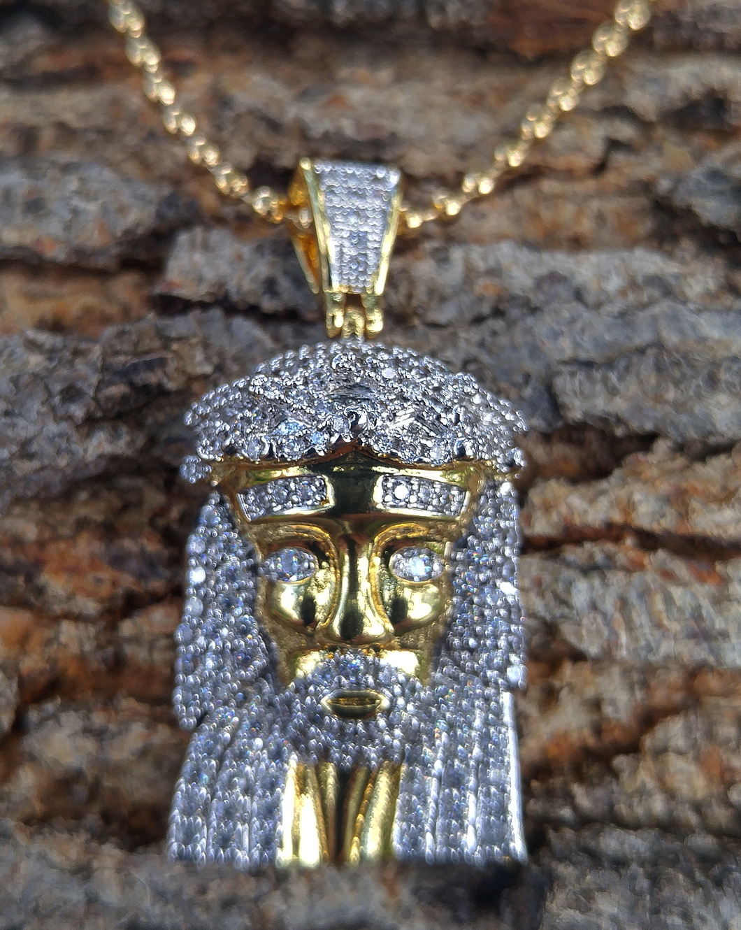 mini gold finish lab diamond jesus and moon cut ball chain
