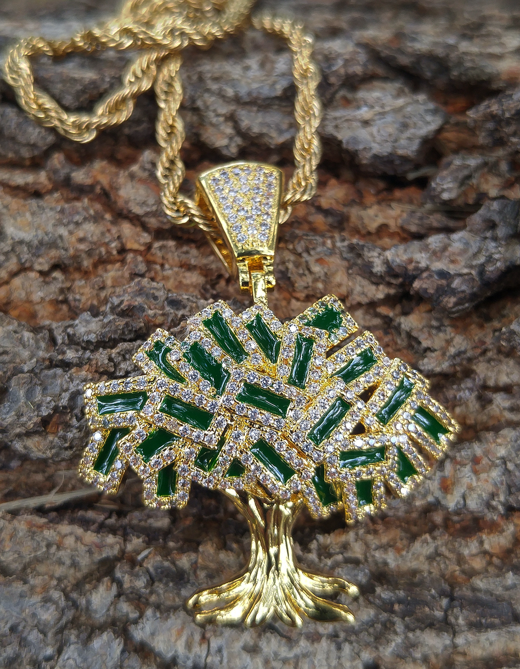 gold finish money tree with lab diamonds & 24in rope chain